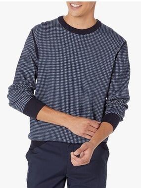 Theory Maden Blue Grid Print Merino Wool Crewneck Sweater Size XL